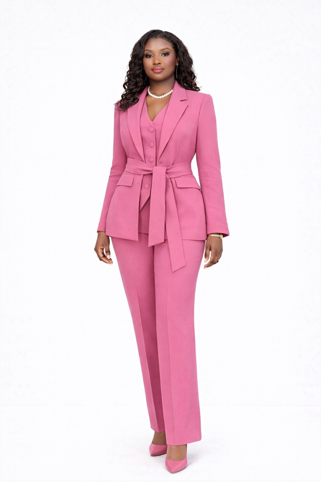MYFD Elegant Women 3 Piece Suit Set Belted Blazer Vest High Waist Straight Pants Office Workwear Multi Colors