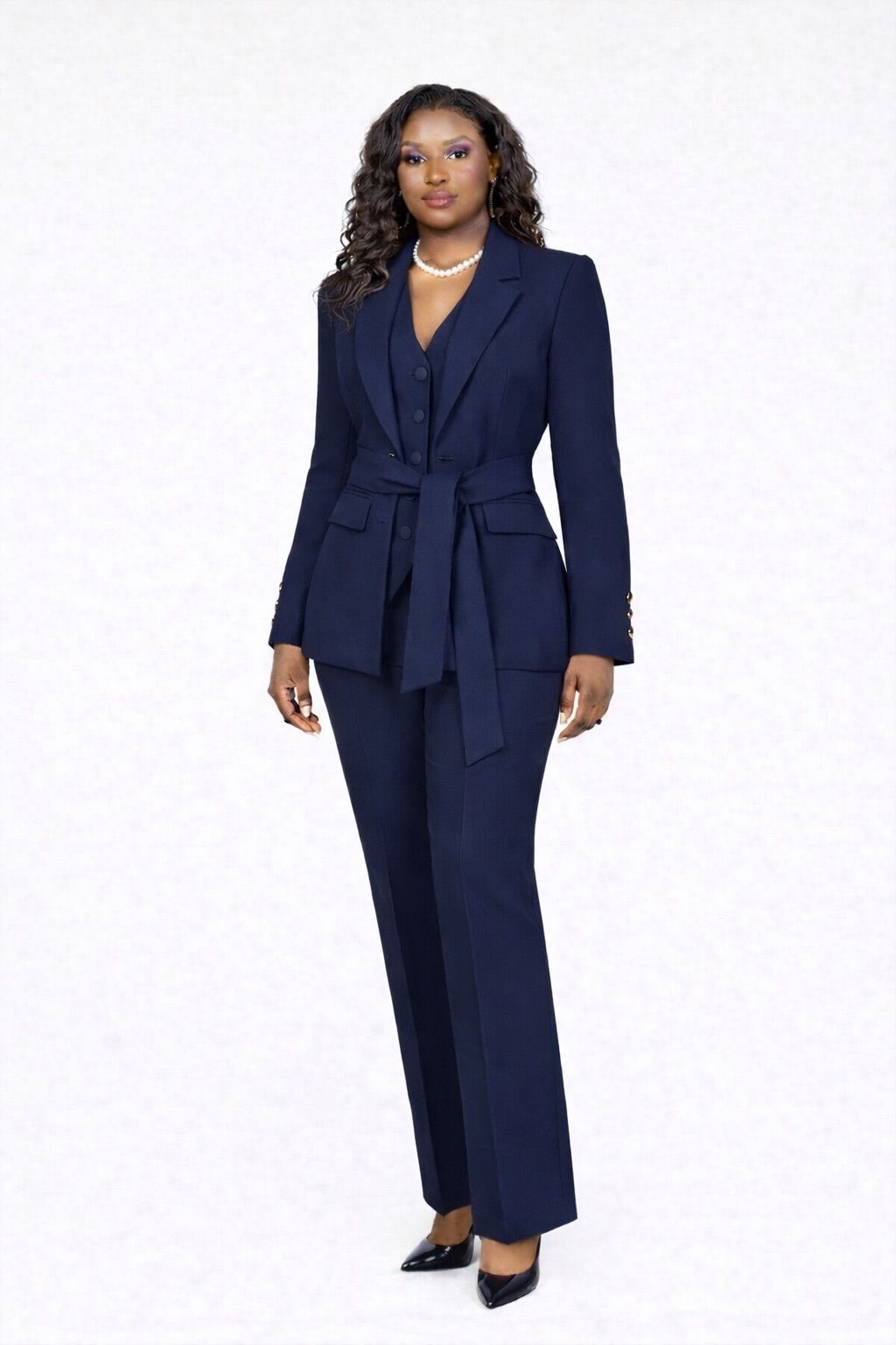 MYFD Elegant Women 3 Piece Suit Set Belted Blazer Vest High Waist Straight Pants Office Workwear Multi Colors