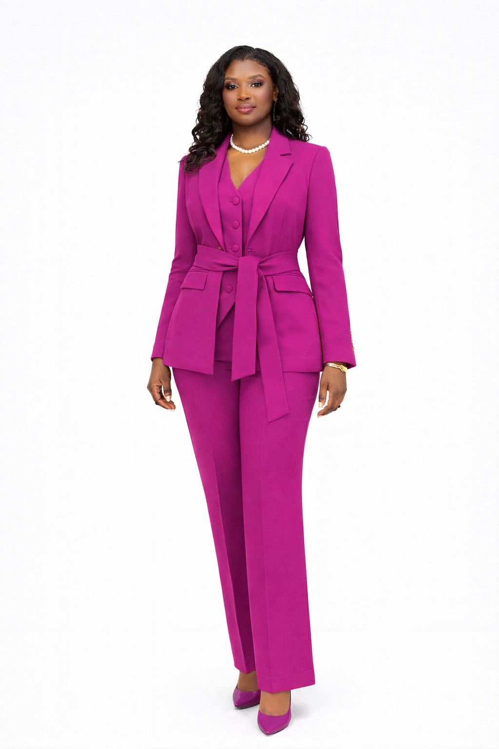 MYFD Elegant Women 3 Piece Suit Set Belted Blazer Vest High Waist Straight Pants Office Workwear Multi Colors