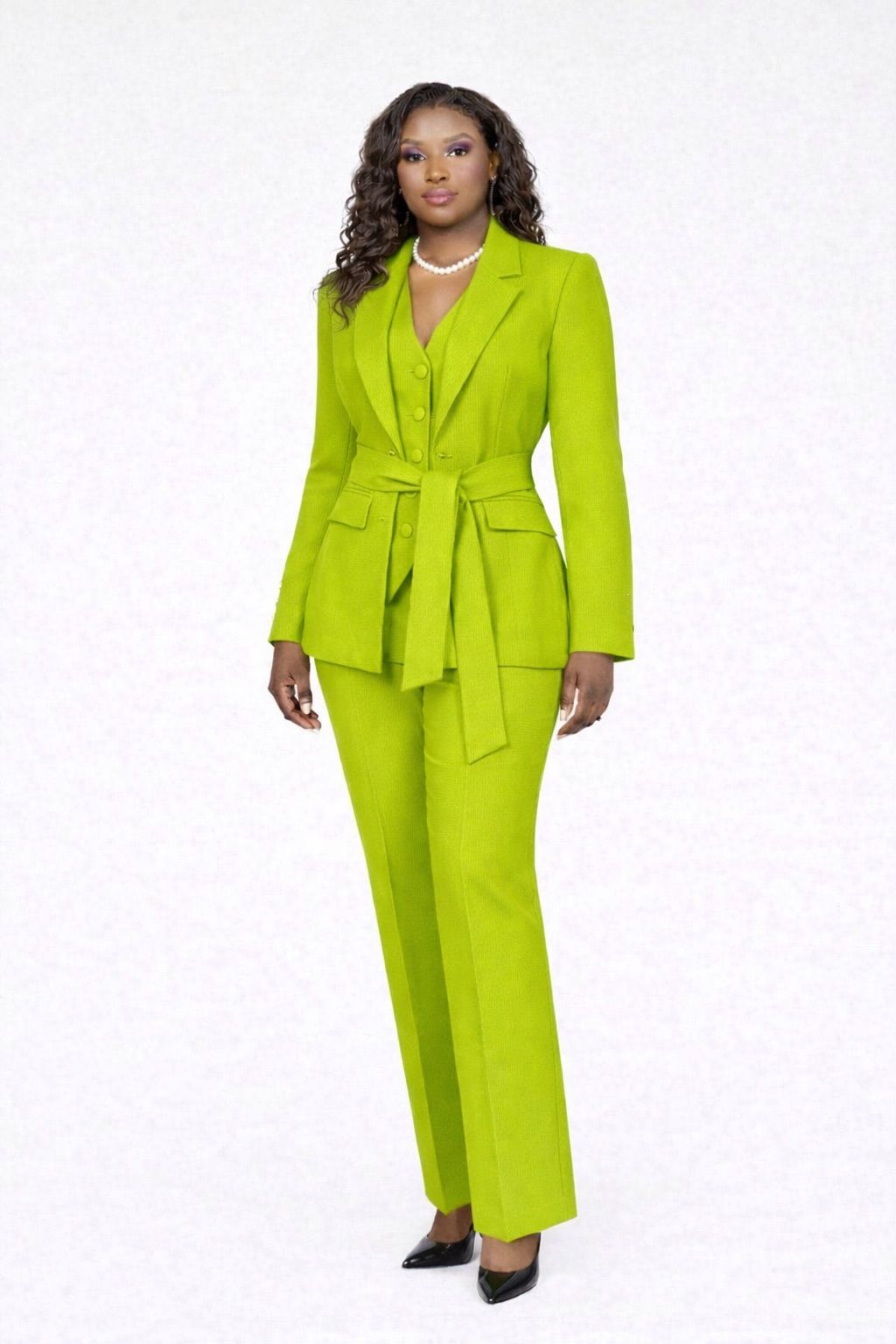 MYFD Elegant Women 3 Piece Suit Set Belted Blazer Vest High Waist Straight Pants Office Workwear Multi Colors