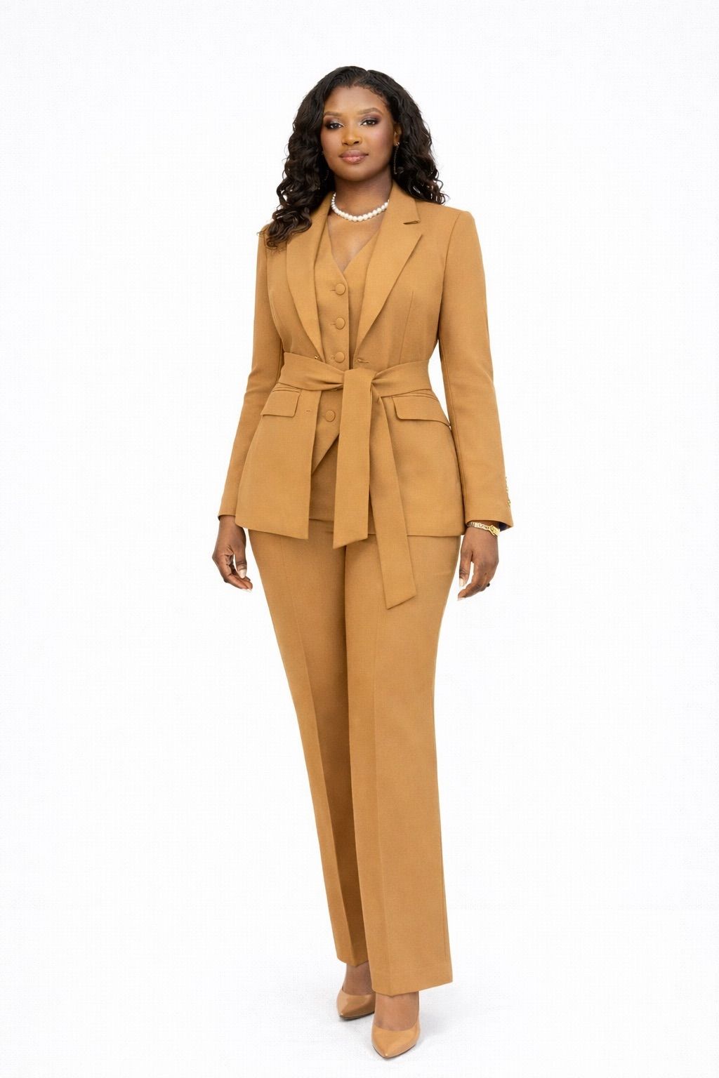 MYFD Elegant Women 3 Piece Suit Set Belted Blazer Vest High Waist Straight Pants Office Workwear Multi Colors