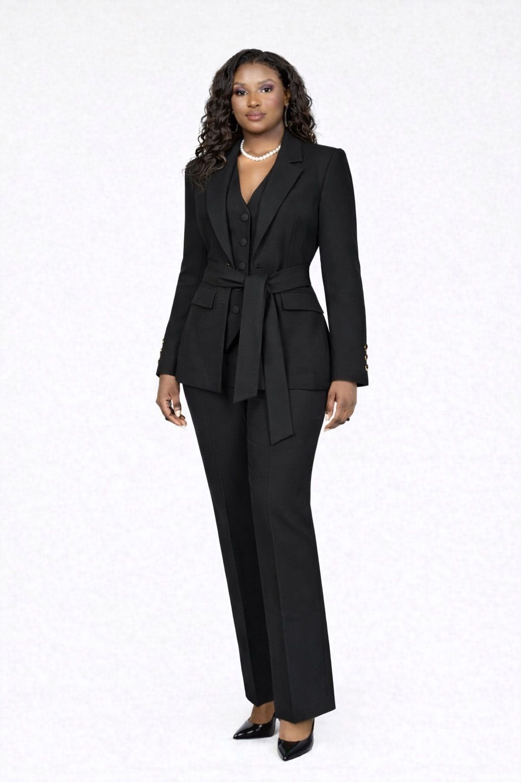 MYFD Elegant Women 3 Piece Suit Set Belted Blazer Vest High Waist Straight Pants Office Workwear Multi Colors