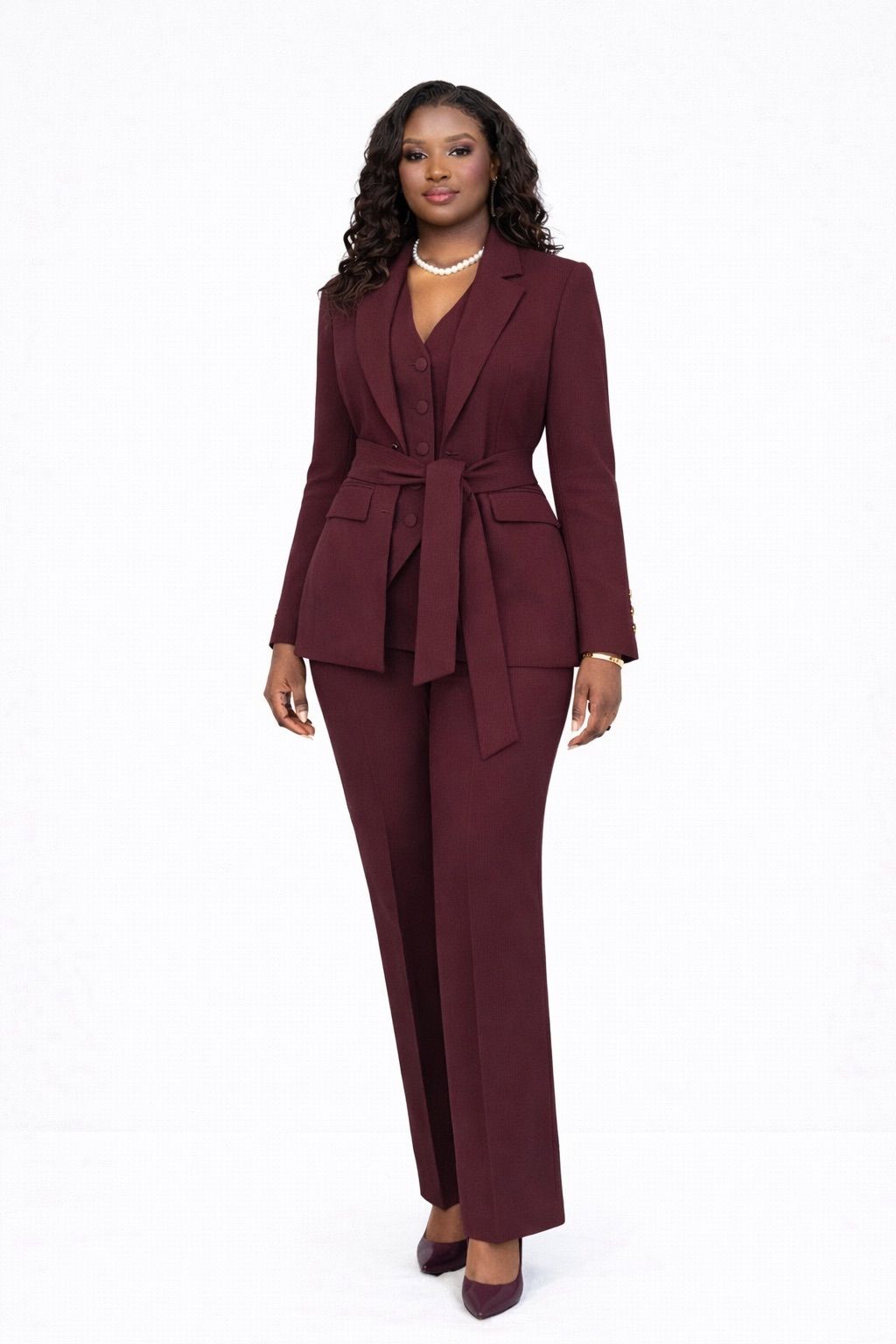 MYFD Elegant Women 3 Piece Suit Set Belted Blazer Vest High Waist Straight Pants Office Workwear Multi Colors