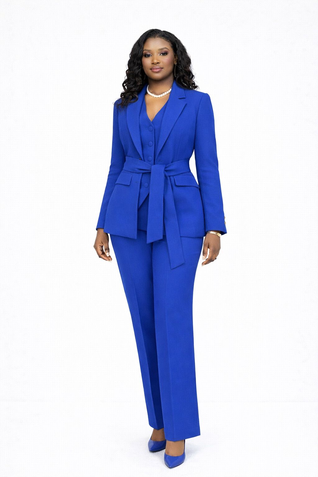 MYFD Elegant Women 3 Piece Suit Set Belted Blazer Vest High Waist Straight Pants Office Workwear Multi Colors