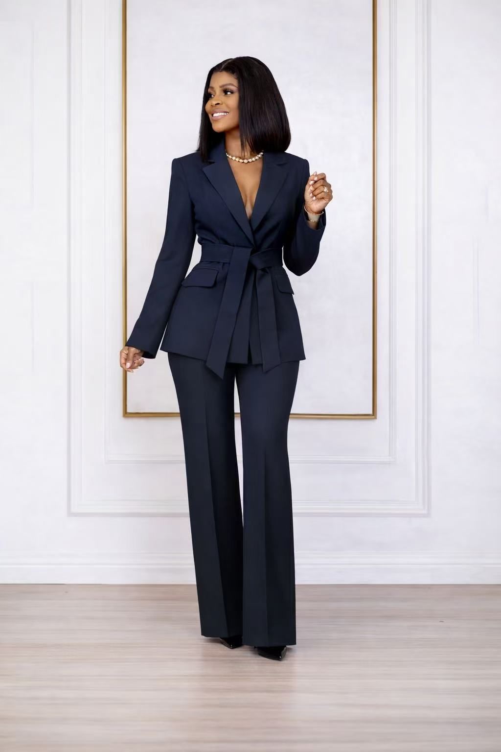 MYFD Women Fashion Solid Color Blazer Suit Set Belted Jacket & High Waist Pants Office Outfit