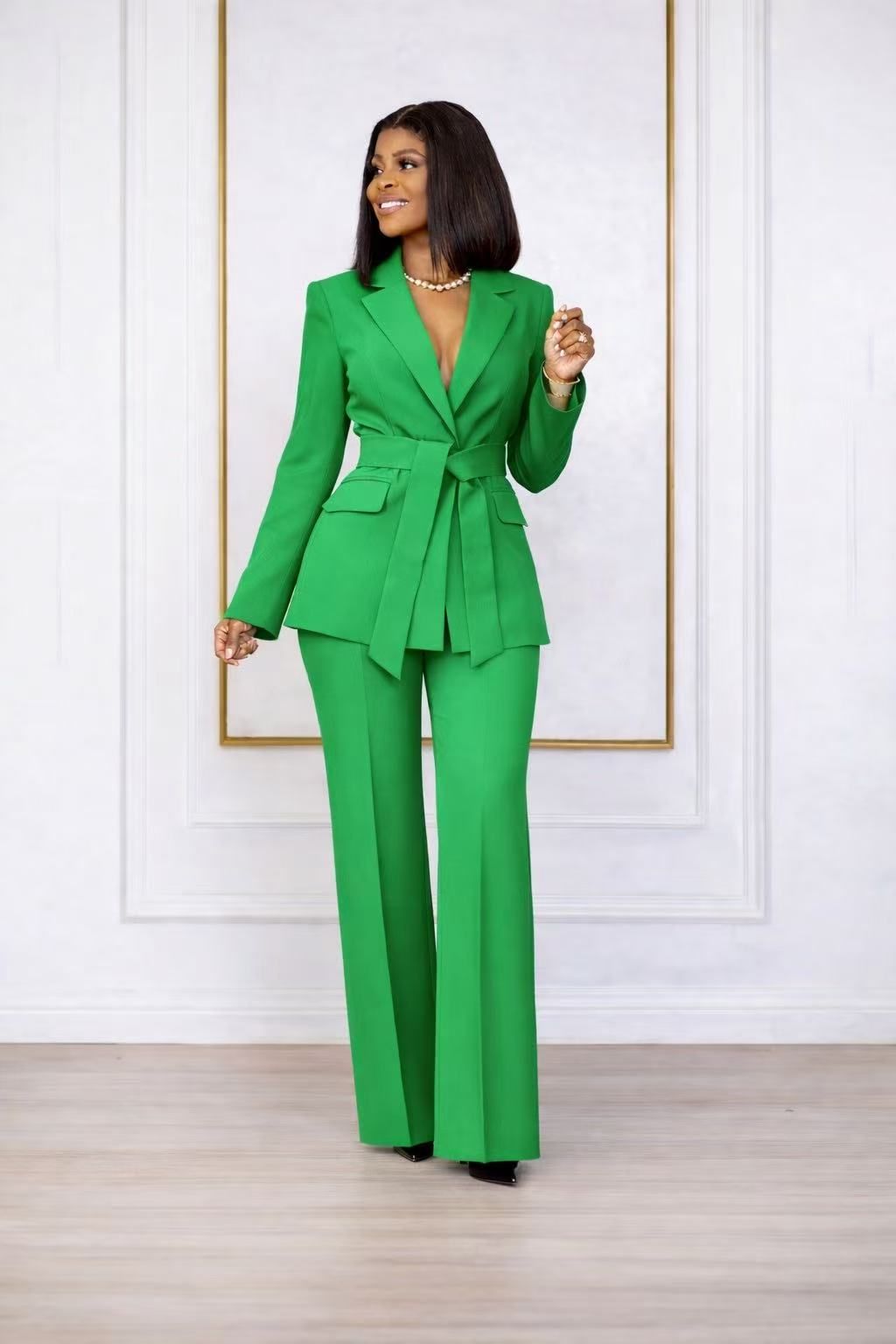 MYFD Women Fashion Solid Color Blazer Suit Set Belted Jacket & High Waist Pants Office Outfit