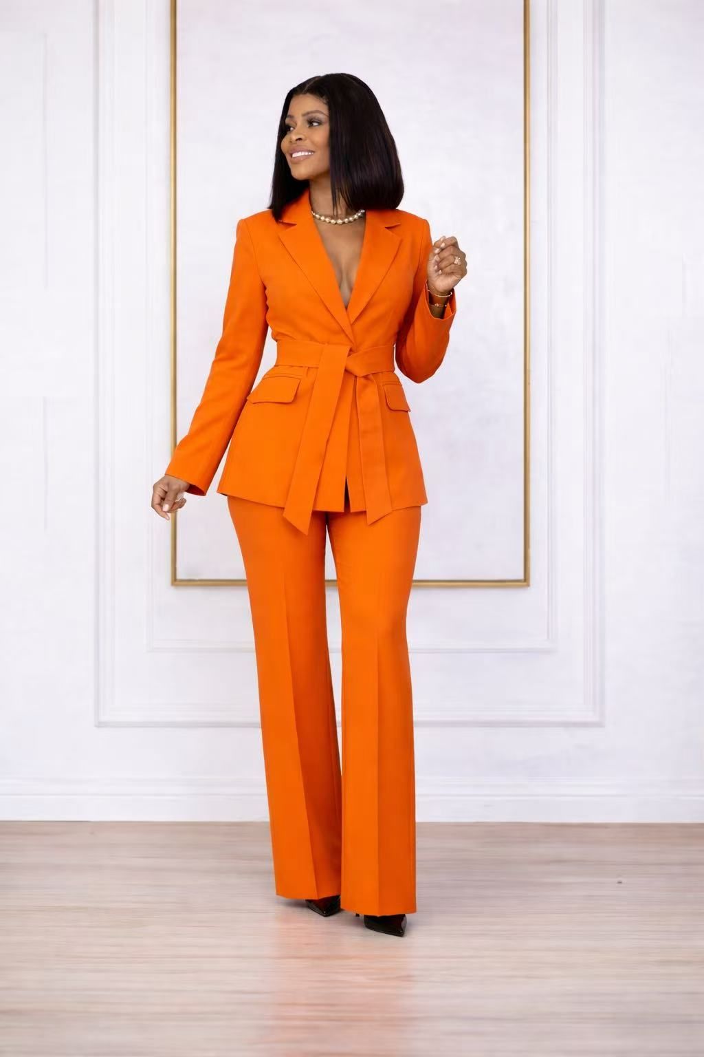MYFD Women Fashion Solid Color Blazer Suit Set Belted Jacket & High Waist Pants Office Outfit