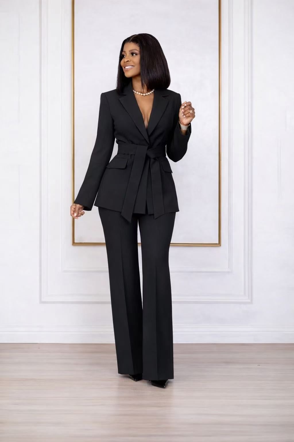 MYFD Women Fashion Solid Color Blazer Suit Set Belted Jacket & High Waist Pants Office Outfit