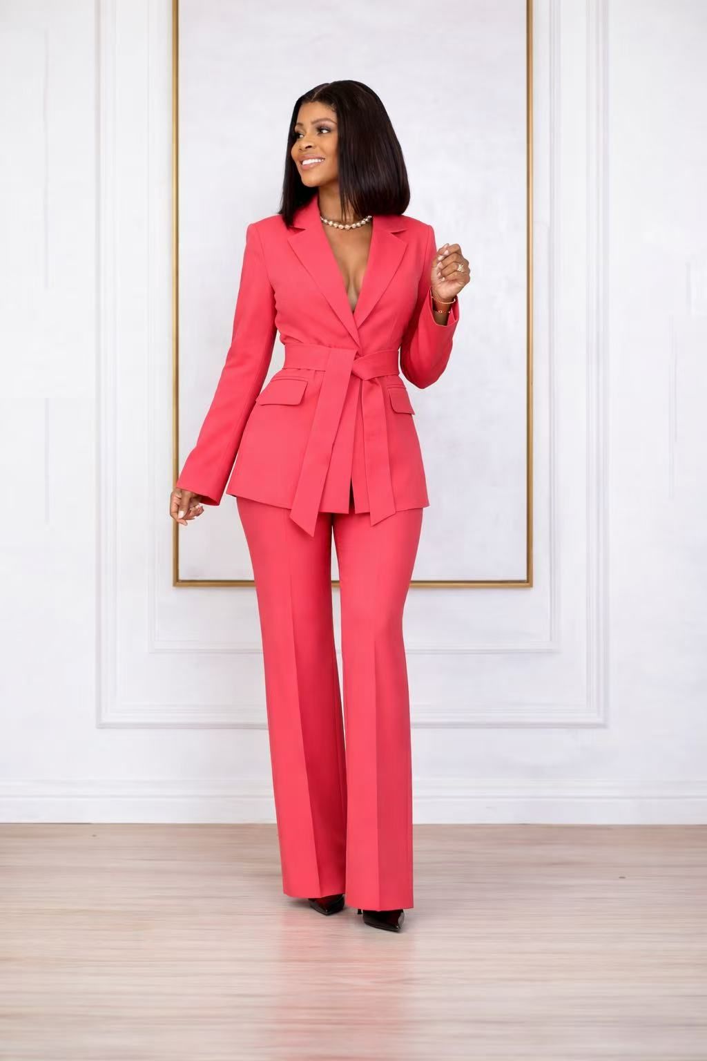 MYFD Women Fashion Solid Color Blazer Suit Set Belted Jacket & High Waist Pants Office Outfit