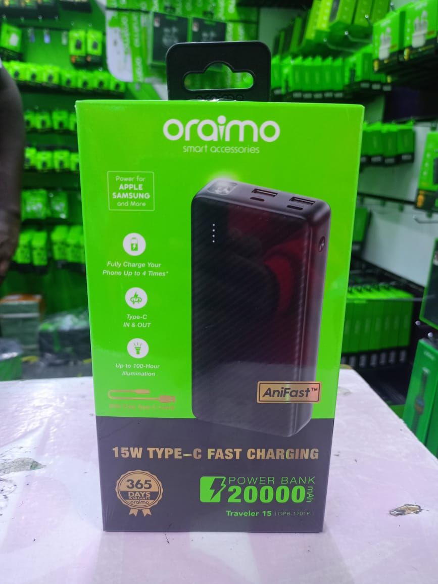 Original Oraimo Traveler 15 OPB1201P – 20000mAh 15W Fast Charging Powerbank with Type-C Input & Output, Portable External Battery, Compact & Durable, Ideal for Smartphones and Tablets