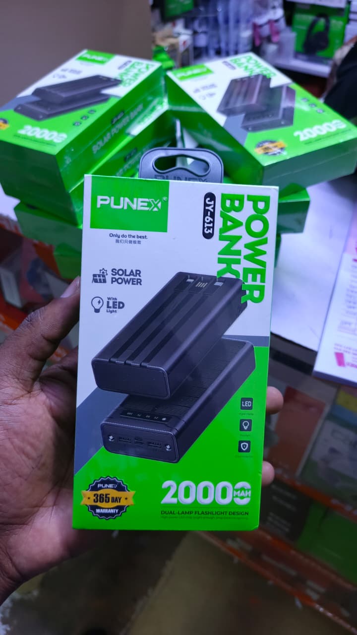 Punex JY-613 20,000mAh Solar Power Bank with Dual Flashlight – Portable High-Capacity External Charger with Built-in LED Lighting, Reliable for Travel, Outdoor, and Emergency Use