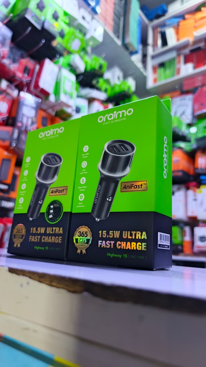 Oraimo Highway 15 OCC-1152D 15.5W Ultra Fast Car Charger – Dual USB Ports with AniFast Technology, 3-in-1 Cable Option, 365-Day Warranty- ORIGINAL