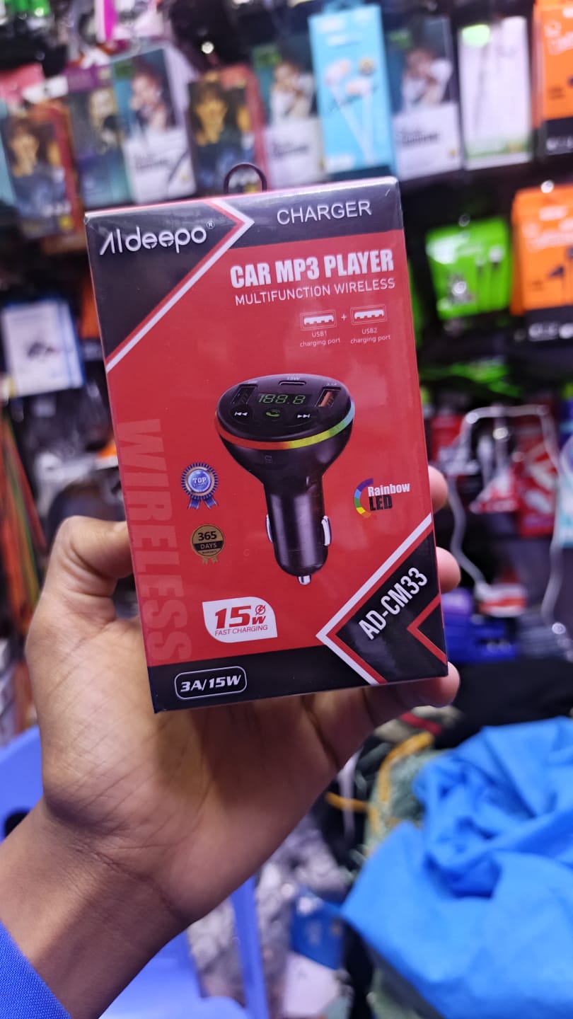 Aldeepo AD-CM33 Wireless Car MP3 Player and Charger – FM Transmitter, Bluetooth, TF Card & USB Playback, 3A/15W USB Charging, Compact LED Design