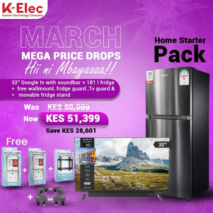 [EASTER SALE OFFER ]  HOME STARTER PACK 1: 181L Double Door Fridge No-Frost + 32” Google Smart TV with Soundbar + TV & Fridge Guard + Wall Mount + Movable Stand And 36-Month Warranty!!