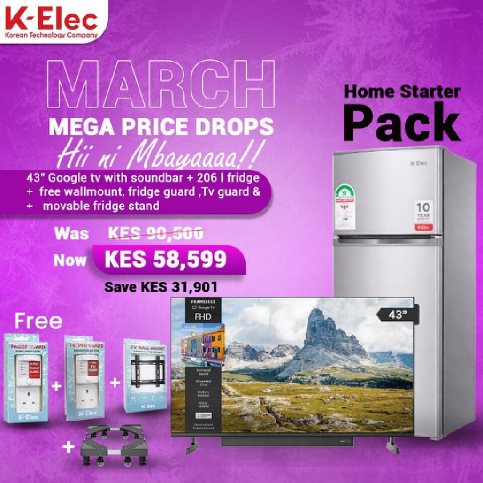 HOME STARTER PACK 2: 206L Double Door Fridge + 43” Google Smart TV with Soundbar + TV & Free Fridge Guard + Wall Mount + Movable Stand And 36-Month Warranty!!