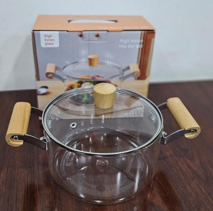 3 Litres High Boron Glass Cooking Pot with Lid & Wooden Handles | Heat Resistant Transparent Glass Soup & Stew Pot for Healthy Cooking