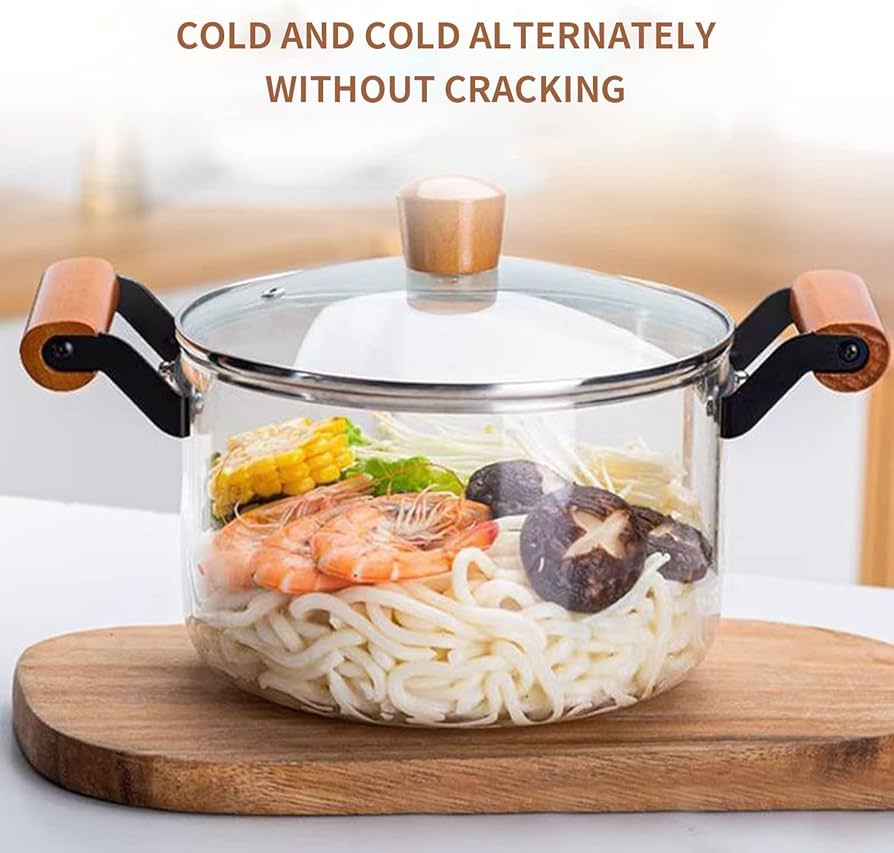 3 Litres High Boron Glass Cooking Pot with Lid & Wooden Handles | Heat Resistant Transparent Glass Soup & Stew Pot for Healthy Cooking