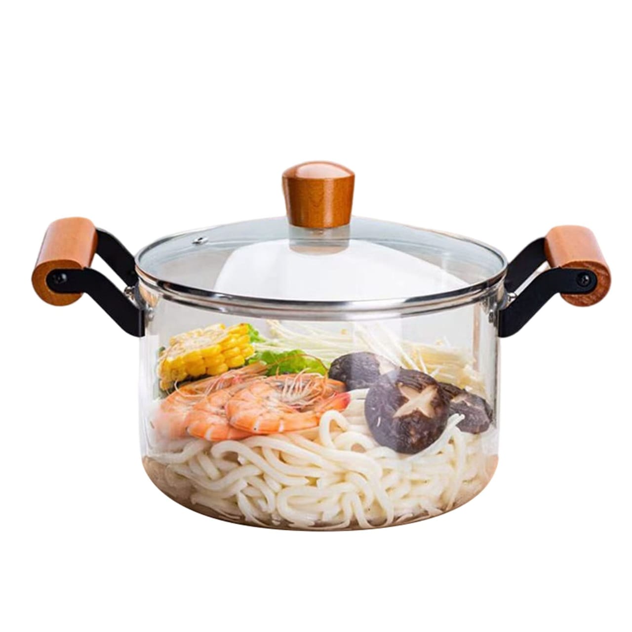 3 Litres High Boron Glass Cooking Pot with Lid & Wooden Handles | Heat Resistant Transparent Glass Soup & Stew Pot for Healthy Cooking