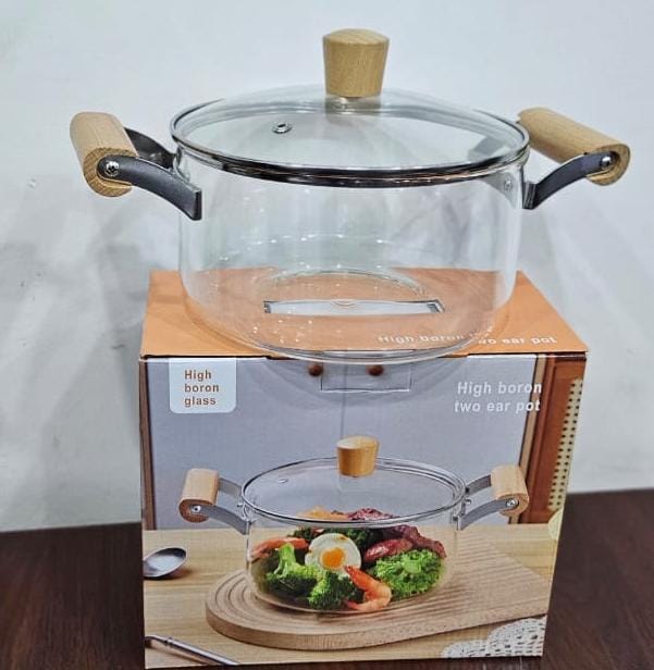 3 Litres High Boron Glass Cooking Pot with Lid & Wooden Handles | Heat Resistant Transparent Glass Soup & Stew Pot for Healthy Cooking