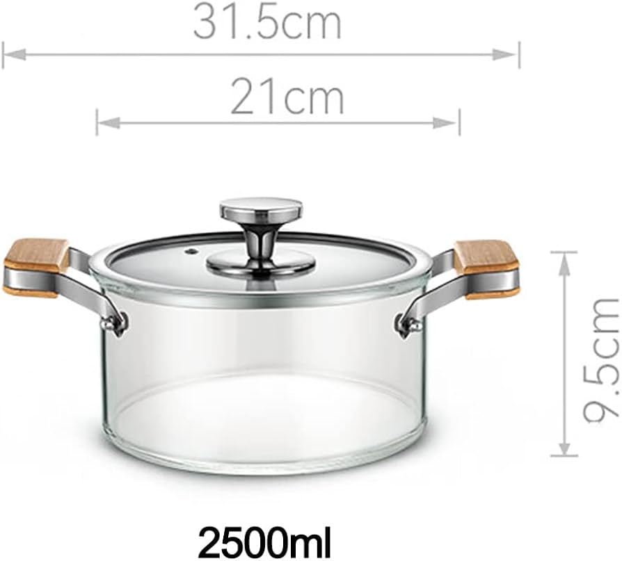 3 Litres High Boron Glass Cooking Pot with Lid & Wooden Handles | Heat Resistant Transparent Glass Soup & Stew Pot for Healthy Cooking