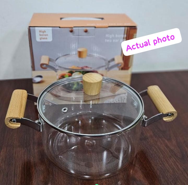 3 Litres High Boron Glass Cooking Pot with Lid & Wooden Handles | Heat Resistant Transparent Glass Soup & Stew Pot for Healthy Cooking