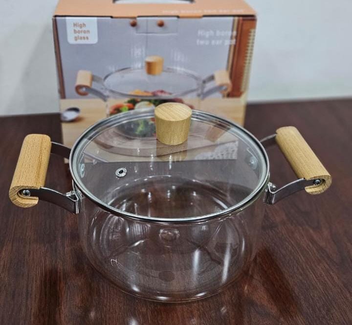 3 Litres High Boron Glass Cooking Pot with Lid & Wooden Handles | Heat Resistant Transparent Glass Soup & Stew Pot for Healthy Cooking