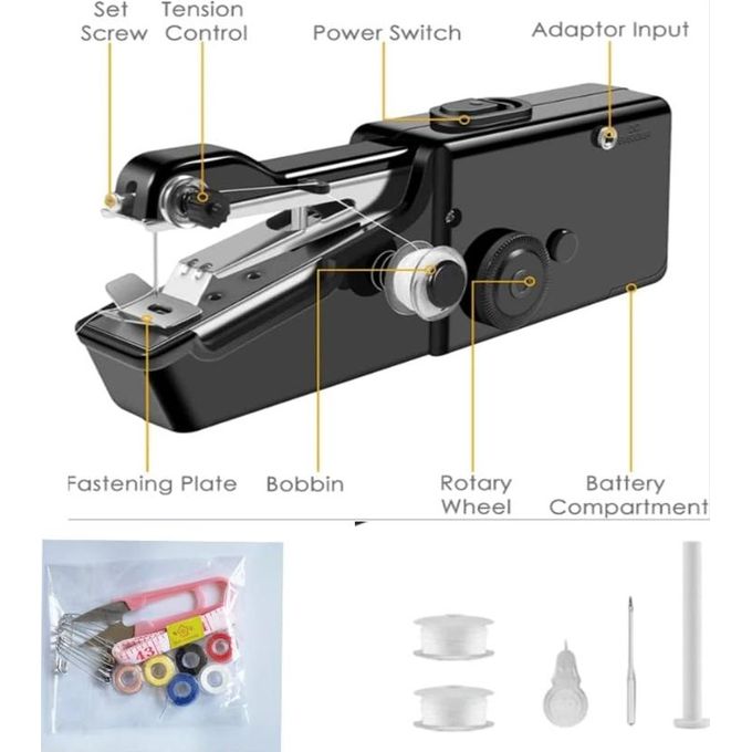 Handheld Portable and Cordless Electric Stitch Home Travel Clothes Fabric Curtains Lightweight Craft Single Thread Sewing Machine Battery or Mains with Extra Bobbin & Needle & Threader
