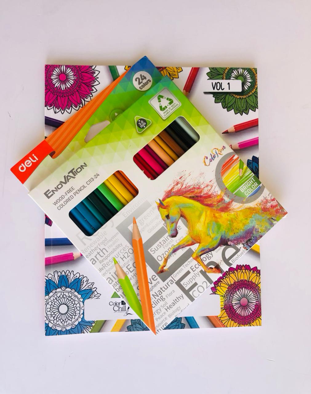 Coloring Book For Adults Bundle – 64 Pages + 24 Color Pencils | Free Surprise Gift Inside | Mindfulness & Relaxation