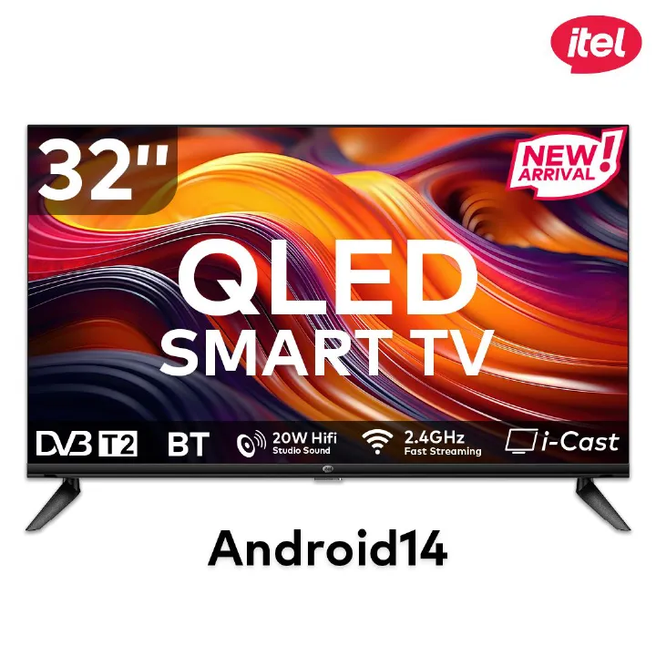 itel TV 32 inches QLED Smart TV, Frameless, Bluetooth, Android14, Wifi, Digital, Netflix, YouTube, Prime, 32" television (1 year warranty)