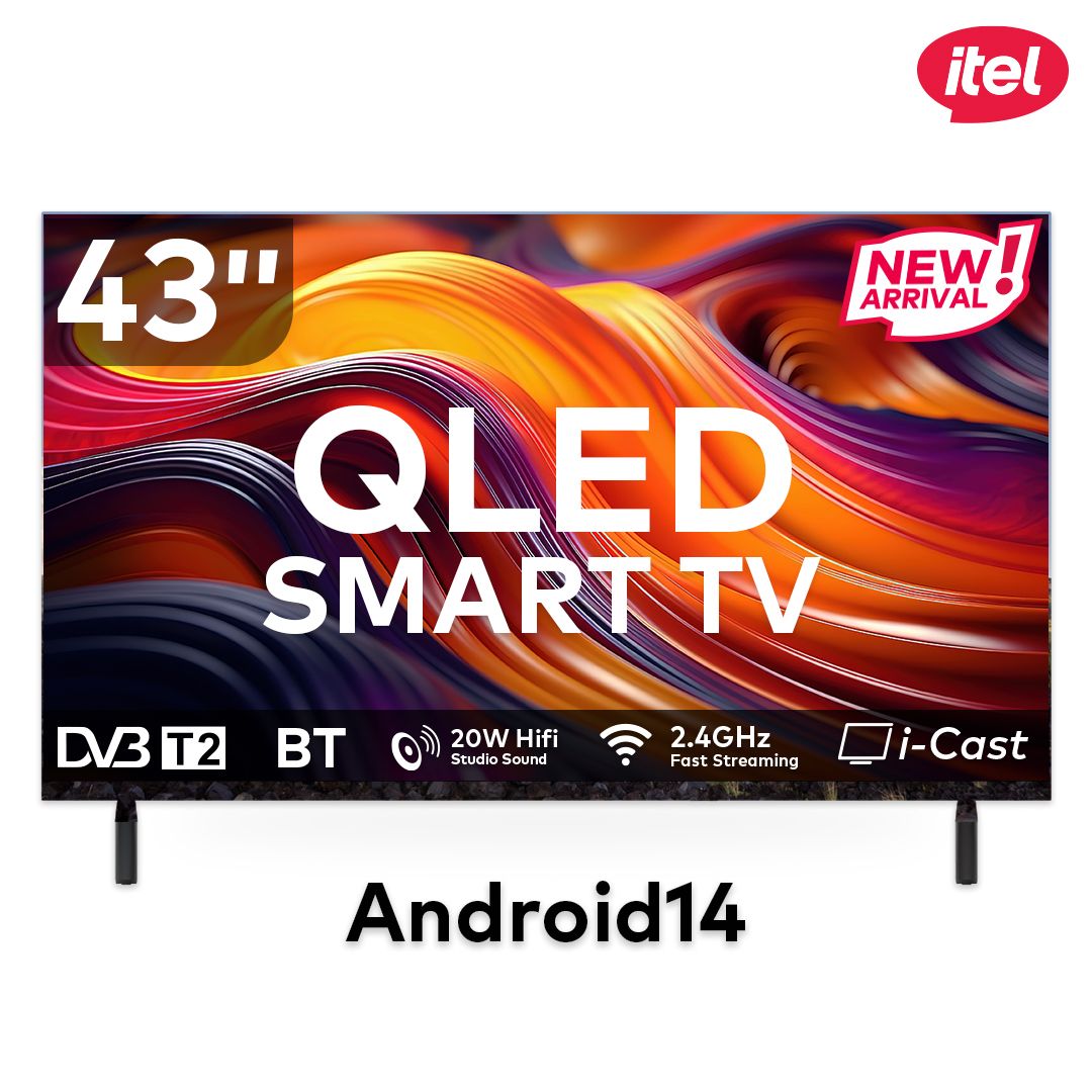 itel TV 43 inches QLED Smart TV, FHD, Frameless, Bluetooth, Android14, Wifi, Digital, Netflix, YouTube, Prime, 43" television (1 year warranty, New Launch price, wall mount free gift)