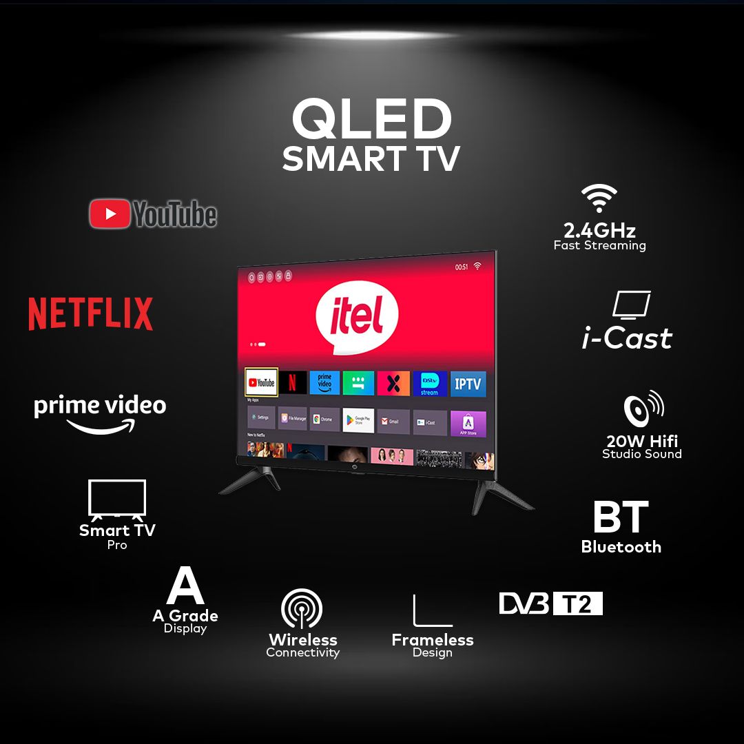 itel TV 43 inches QLED Smart TV, FHD, Frameless, Bluetooth, Android14, Wifi, Digital, Netflix, YouTube, Prime, 43" television (1 year warranty, New Launch price, wall mount free gift)