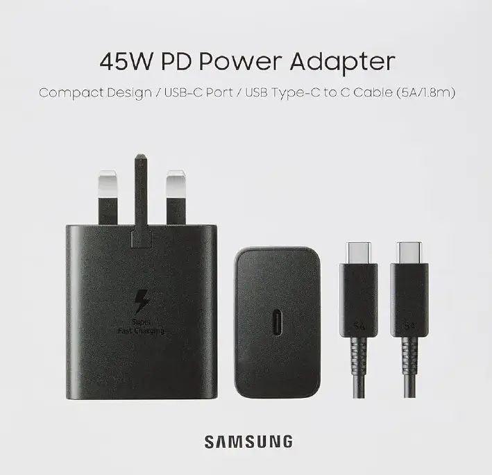 Samsung 45W Original Super Fast Charger With 5A C To C Fast Cable.Experience 45W for all
ORIGINAL SAMSUNG 45W PD CHARGER ADAPTER WITH CABLE TYPE C TO C FASTER SAMSUNG CHARGER 45 WATTS ON OFFER