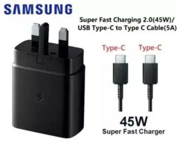 Samsung 45W Original Super Fast Charger With 5A C To C Fast Cable.Experience 45W for all
ORIGINAL SAMSUNG 45W PD CHARGER ADAPTER WITH CABLE TYPE C TO C FASTER SAMSUNG CHARGER 45 WATTS ON OFFER