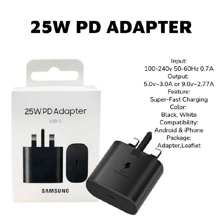 Original Samsung 25W PD SuperFast USB C - TYPE C Charger Complete for Galaxy A17,A16,A07,A06,A26,A15,A25,A05,A05S,A06,S23FE With Type C Output