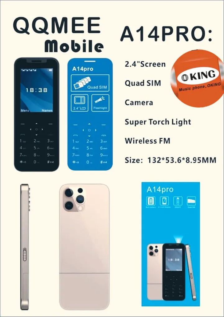 Oking A14 Pro With 4 SIM Cards Slot iPhone Design. 2300mAh Inbuilt Battery feature phones

Oking A14 Pro With 4 SIM Cards Slot iPhone Design. 2300mAh Inbuilt Battery feature phones