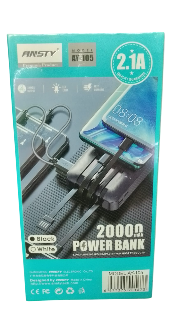 ANSTY Power Bank 20000mAh Built in 4 Cable Portable Charger External Battery Pack Powerbank For iPhone Huawei Xiaomi Samsung Tecno OPPO phone Refurbished Phone SmartPhones Mobile Phones Tablet PC