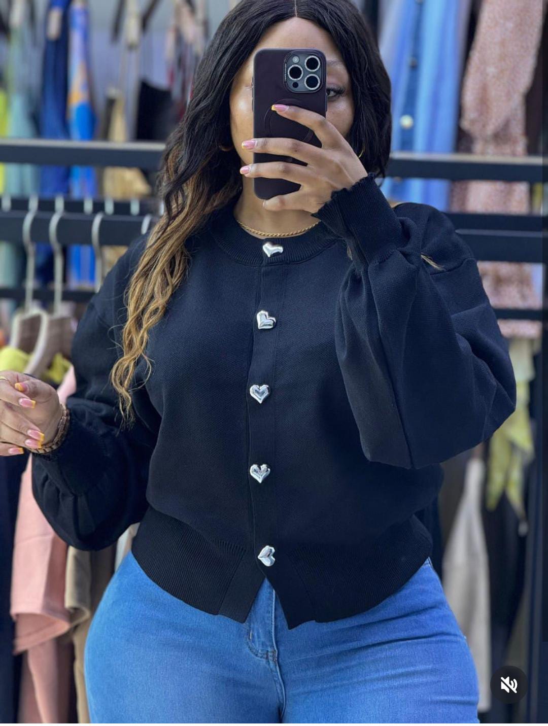 Stylish, Snugly and Comfortable Ladies' Heart-Button Knitted Sweater Top (Black) – Long Sleeved.