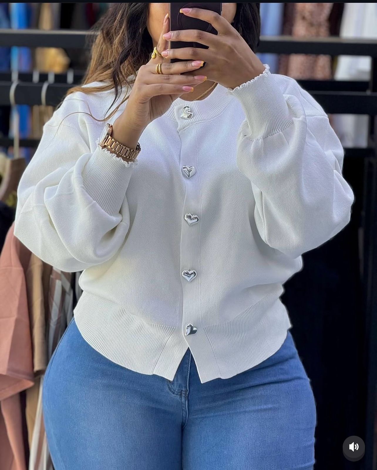 Stylish, Snugly and Comfortable Ladies' Heart-Button Knitted Sweater Top (White) – Long Sleeved.