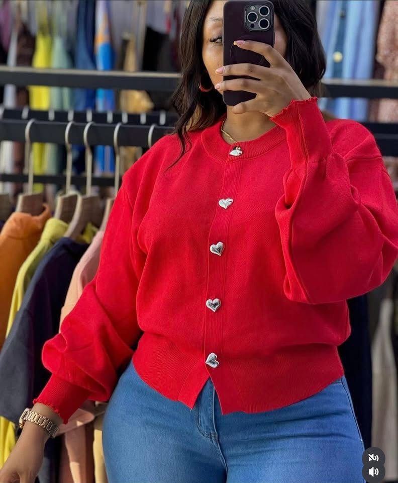 Stylish, Snugly and Comfortable Ladies' Heart-Button Knitted Sweater Top (Red) – Long Sleeved.