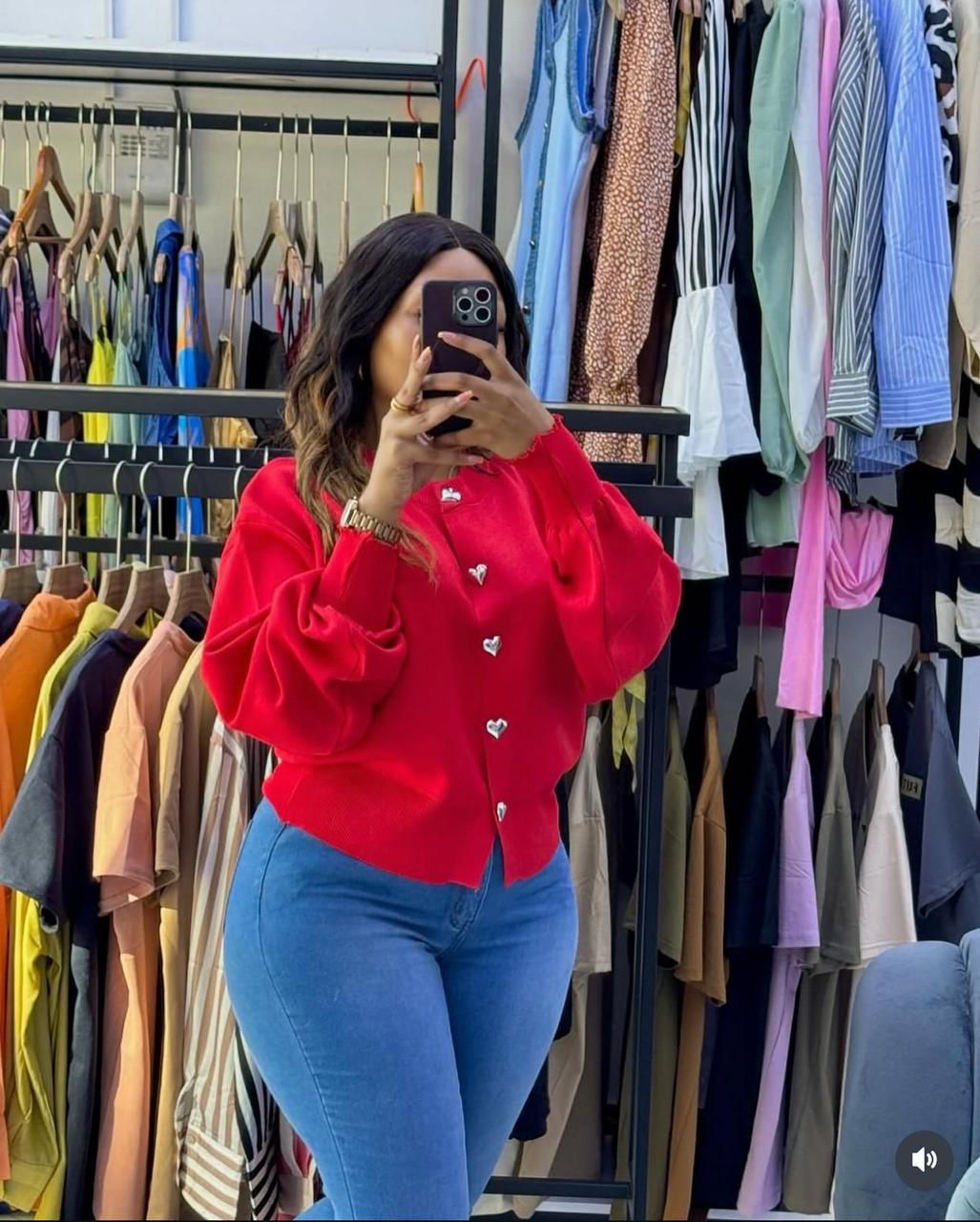 Stylish, Snugly and Comfortable Ladies' Heart-Button Knitted Sweater Top (Red) – Long Sleeved.