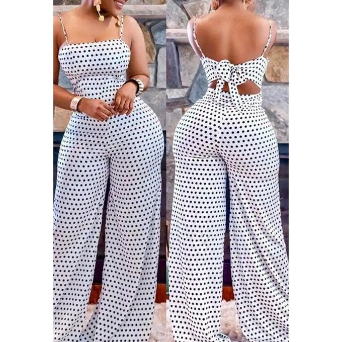 Classic, Cozy Casual Ladies' Polka Dot Jumpsuits - White