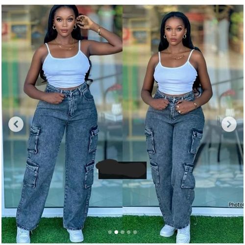 High Waist Jeans, Loose Wide Leg Women's Cargo Pants Jeans
