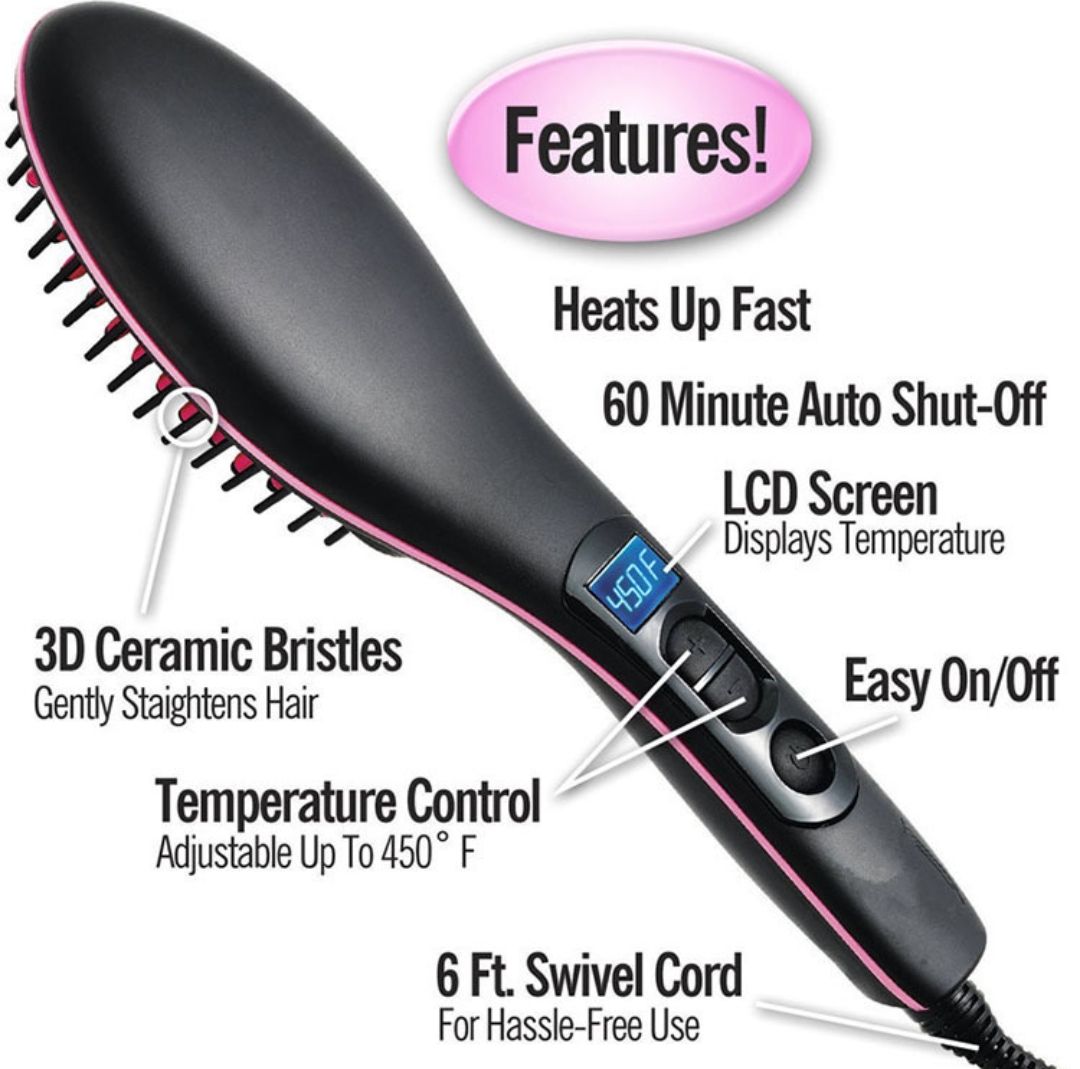 Simply Straight Ceramic Hair Straightening Brush - automatic shutoff after 60 minutes for safety, heats up to 450 degree, with LCD screen temperature control display for women