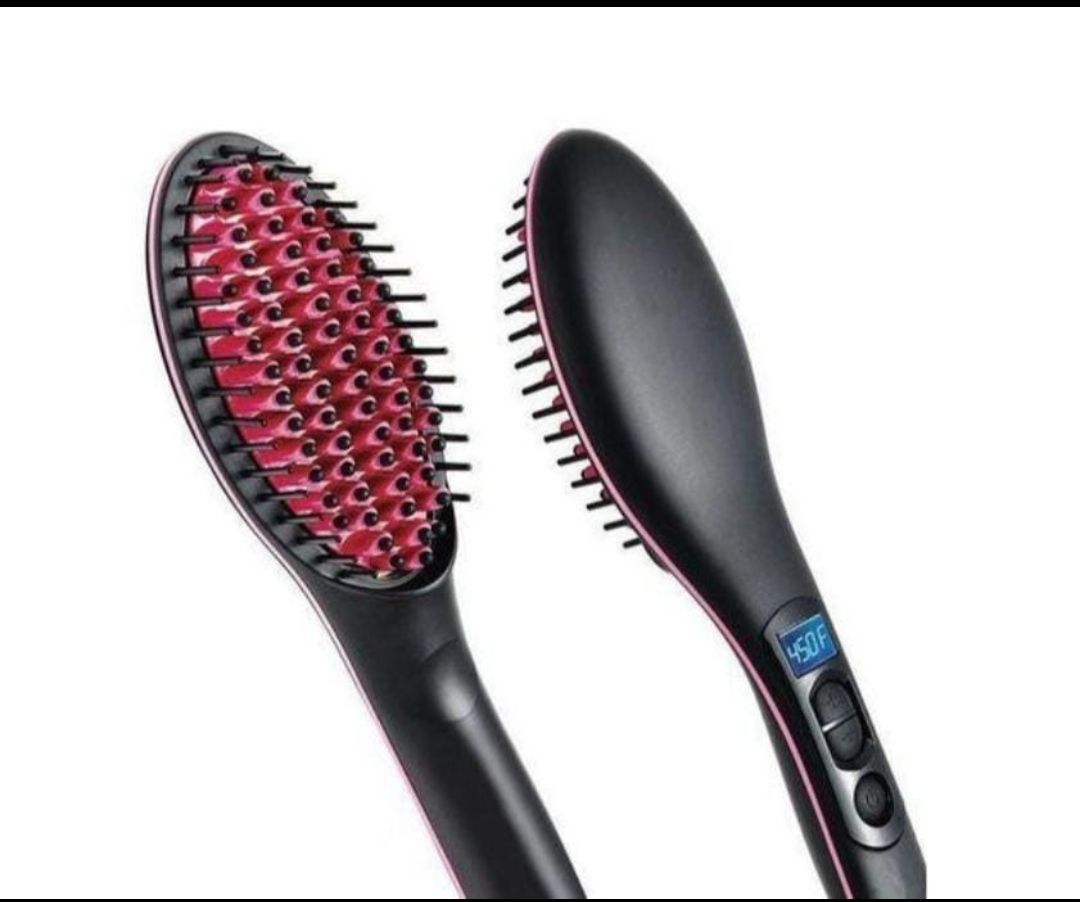 Simply Straight Ceramic Hair Straightening Brush - automatic shutoff after 60 minutes for safety, heats up to 450 degree, with LCD screen temperature control display for women