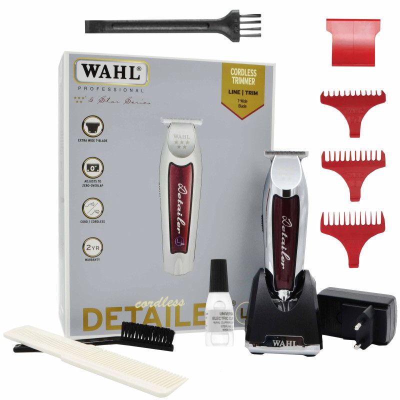 WAHL Professional 5-Star Cordless Li Detailer with Adjustable T Blade for Extremely Close Trimming and Clean and Crisp Lines for Professional Barbers and Stylists -Silver.