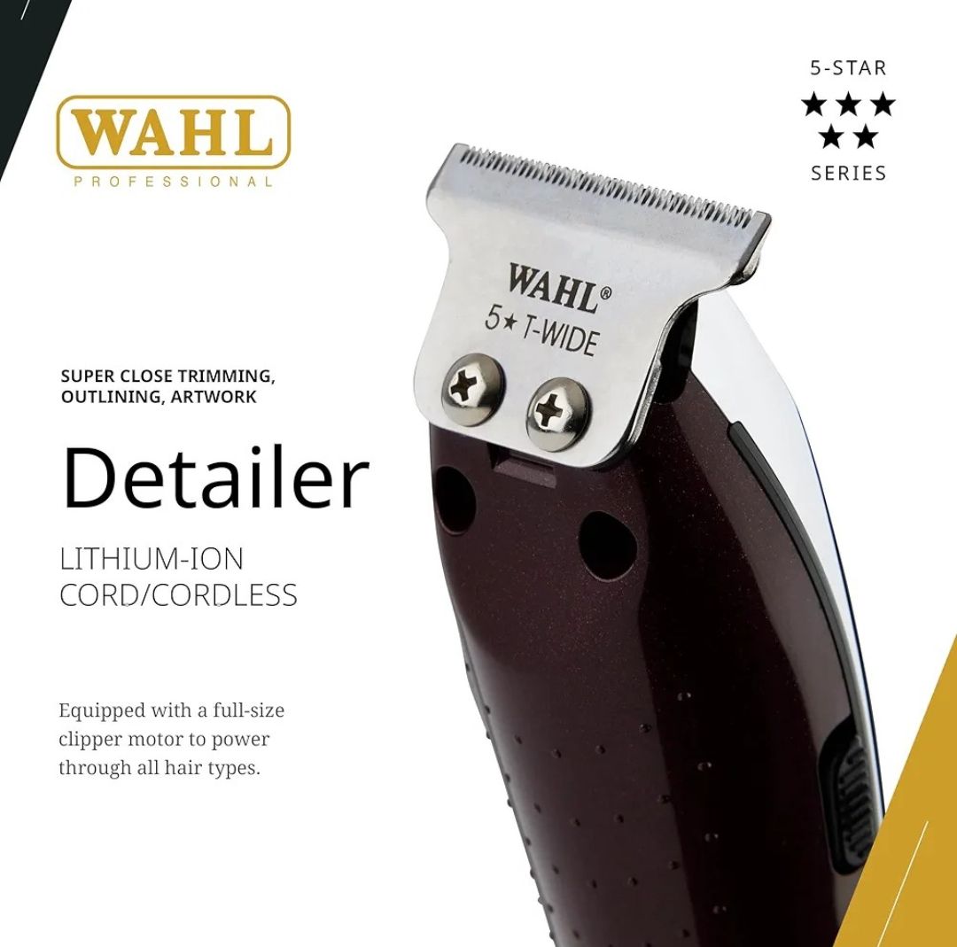 WAHL Professional 5-Star Cordless Li Detailer with Adjustable T Blade for Extremely Close Trimming and Clean and Crisp Lines for Professional Barbers and Stylists -Silver.