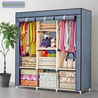 Portable Closet Wardrobe for Hanging Clothes 57.3 Inch Large Capacity Clothes Rack with Cover, 10 Storage Organizer Shelves, 1 Hanging Rods and 6 Pockets, Free Standing