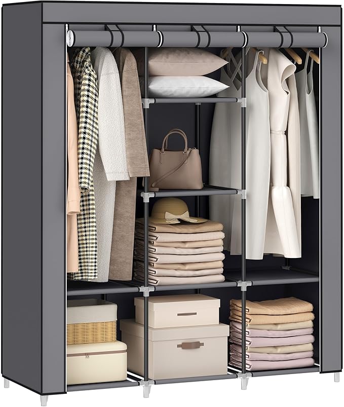 Portable Closet Wardrobe for Hanging Clothes 57.3 Inch Large Capacity Clothes Rack with Cover, 10 Storage Organizer Shelves, 1 Hanging Rods and 6 Pockets, Free Standing