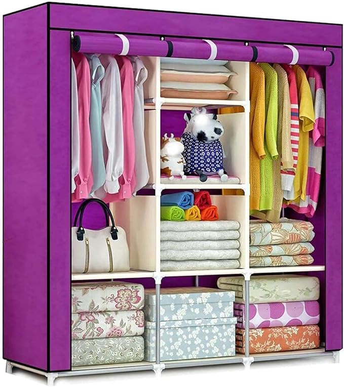 Portable Closet Wardrobe for Hanging Clothes 57.3 Inch Large Capacity Clothes Rack with Cover, 10 Storage Organizer Shelves, 1 Hanging Rods and 6 Pockets, Free Standing