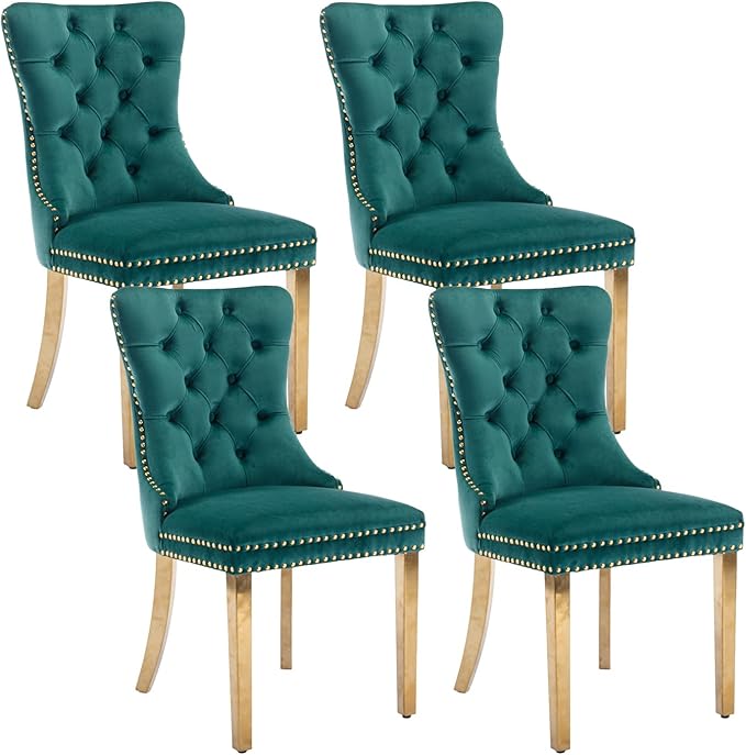 Dining Room Chairs Set of 4, Tufted Velvet Chairs with Wooden Legs, Rivet Trim Pull Ring Large for Kitchen Dining Room Restaurant